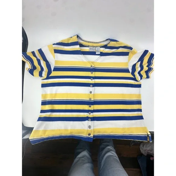 Women's Blue Yellow Striped Button Front Top Size L Game Day Rams Brewers Colors - Picture 8 of 9